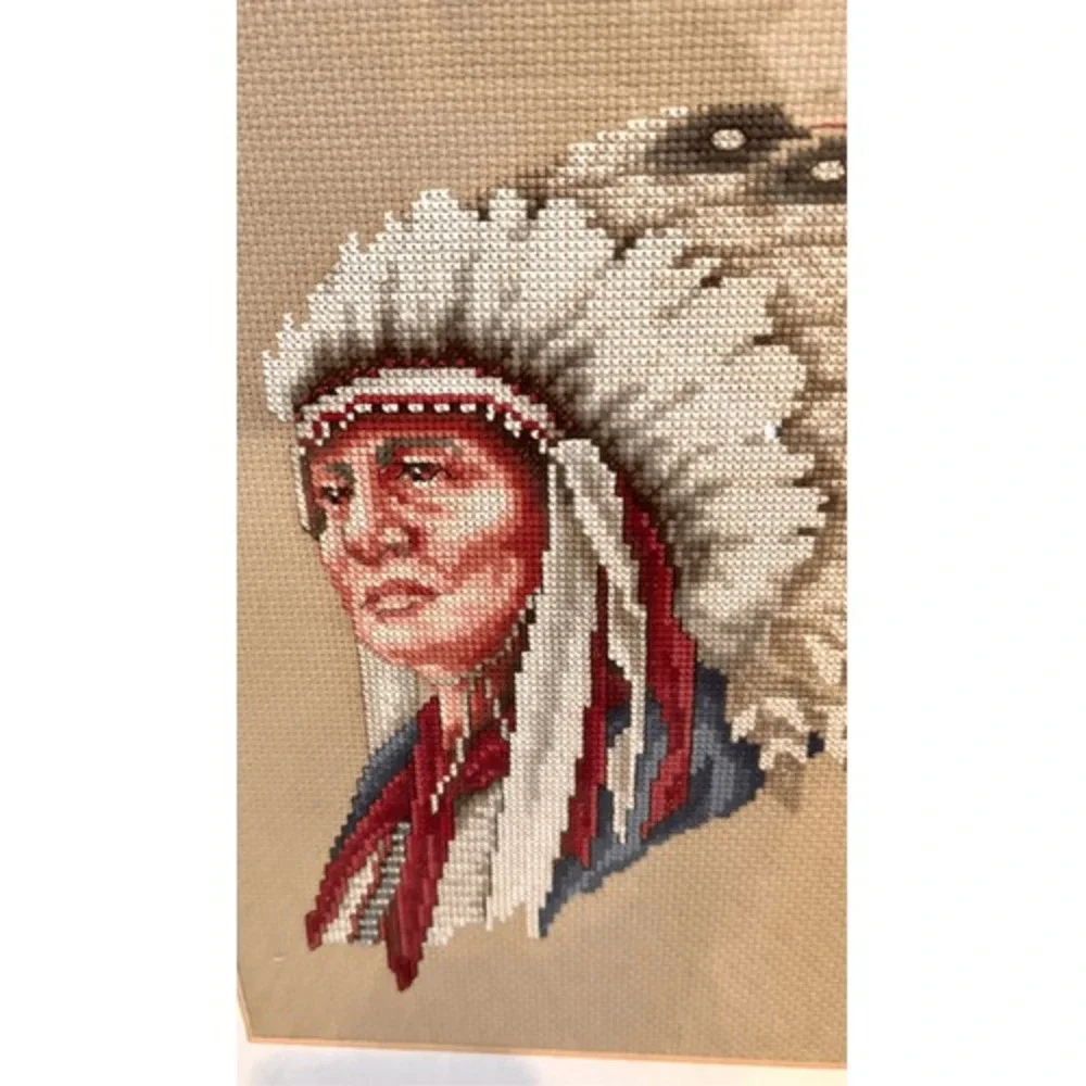 Vintage Hollow Horn Bear Cross Stitch Framed Native American Portrait 1992 15x15